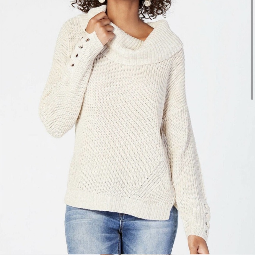 American Rag Womens Cowl Neck Sweater Beige Knit Lace-up Long Sleeve SMALL